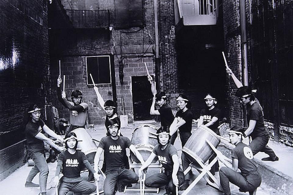 Soh Daiko, New York City, 1983. Photograph by George Pereda. Soh Daiko, the first group formed on the East Coast, was founded at the New York Buddhist Temple in 1979.